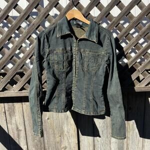 Y2K Bisou Bisou Denim Jacket — Fitted 2000s Stretch Jean Jacket (Fits S)